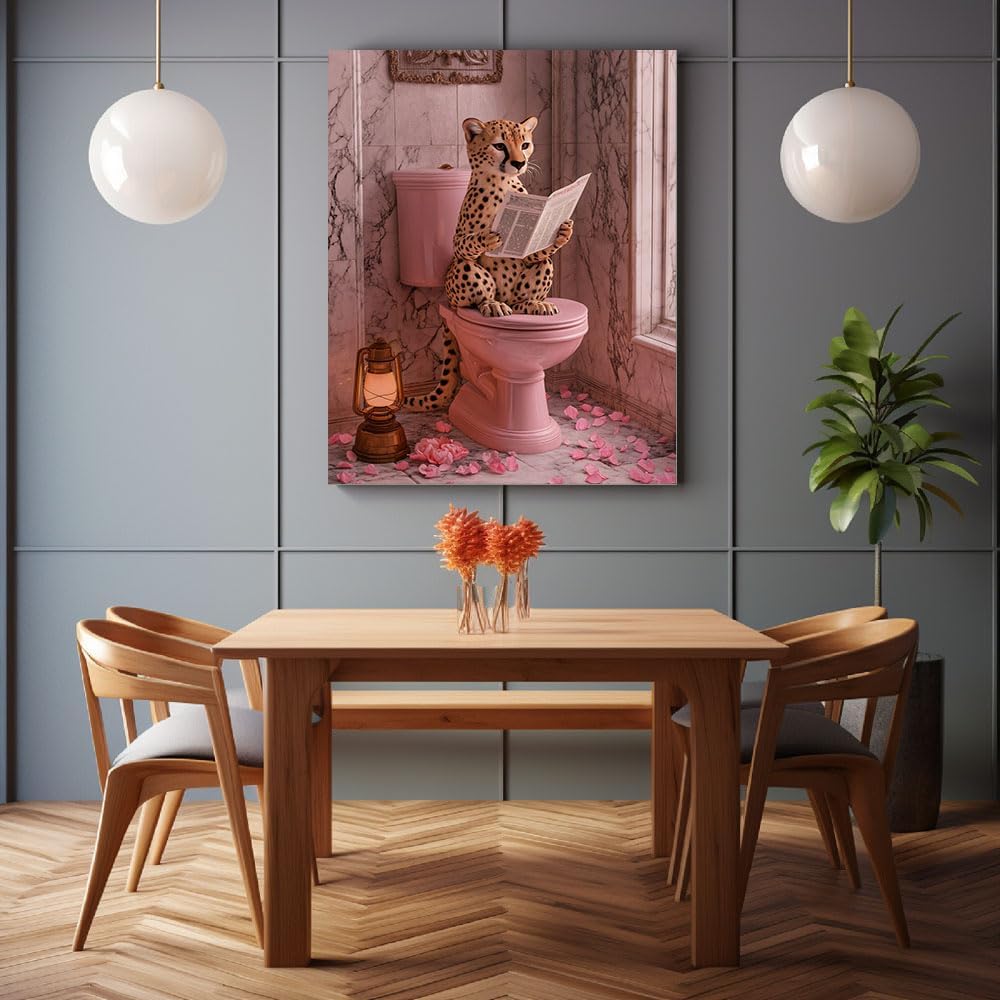 Mudket Funny Cheetah Poster Canvas Wall art for Bathroom, Framed Ready to Hang, Modern Cool Pink Leopard Reading Picturess Art for Toilet Restroom Powder Room Decor - 24" L x 16" W