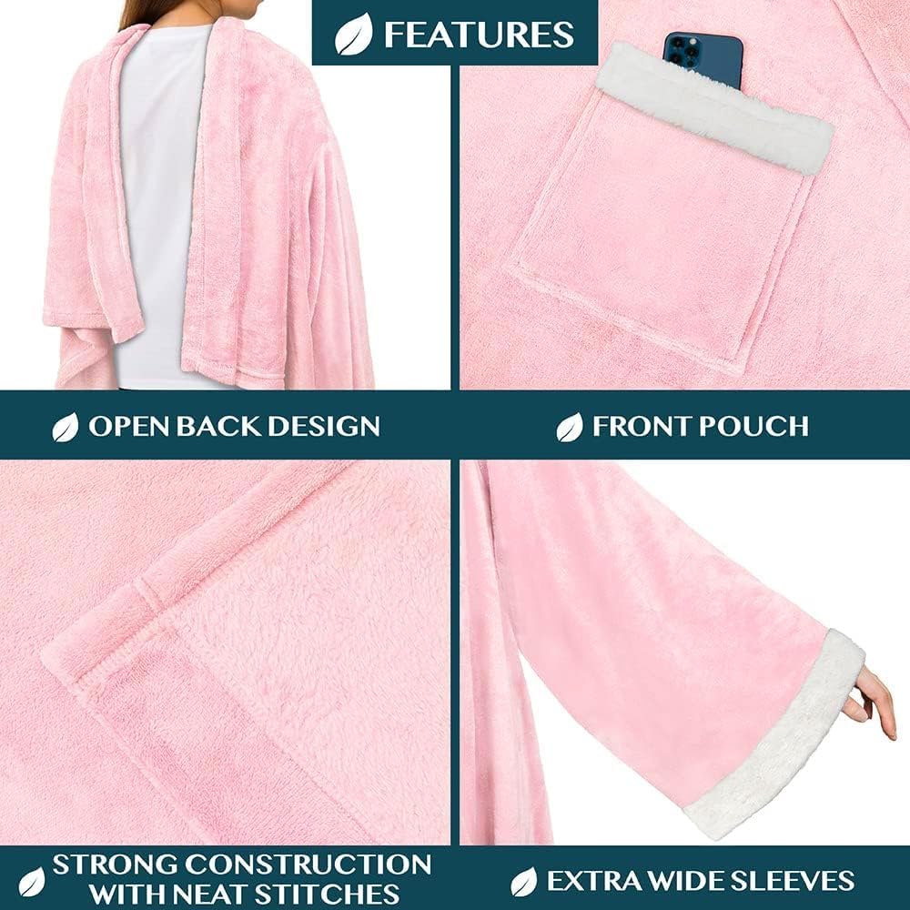 PAVILIA Fleece Blanket with Sleeves for Women Men Adults, Wearable Blanket Warm Soft Plush, Snuggle Pocket Sleeved TV Throw Wrap, Cozy White Elephant Gifts Ideas for Mom Wife, Light Pink