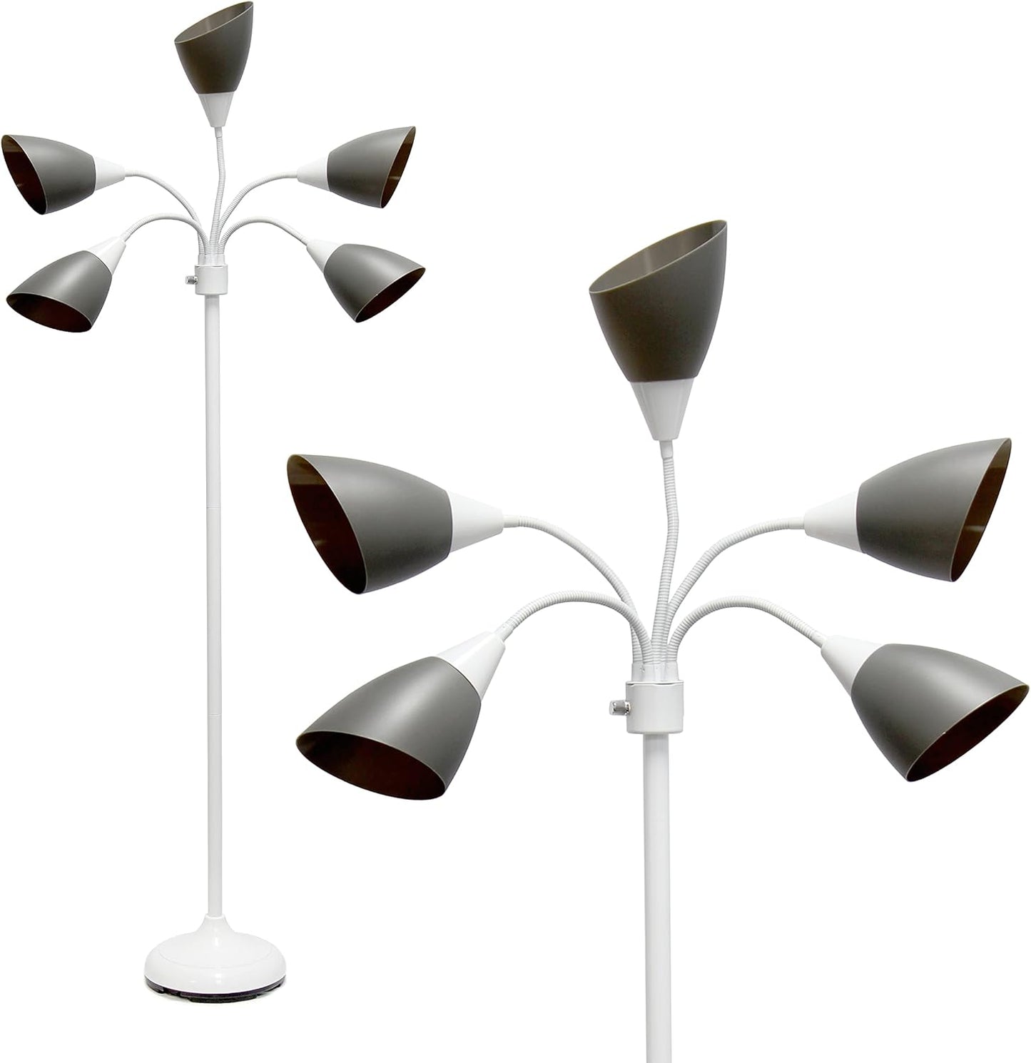 Simple Designs LF2006-GOW 67" Contemporary Multi Head Medusa 5 Light Adjustable Gooseneck White Floor Lamp with Gray Shades for Kids Bedroom Playroom Living Room Office