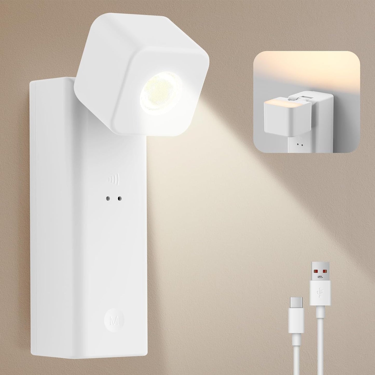 Yochoice Rechargeable Battery Operated Wall Sconce with Night Light, 4000mAh Wireless Stick On Wall Lamp, Wall Mounted Dimmable LED Reading Lamp for Bedroom, Touch Control & Adjustable Angle, 1-Pack