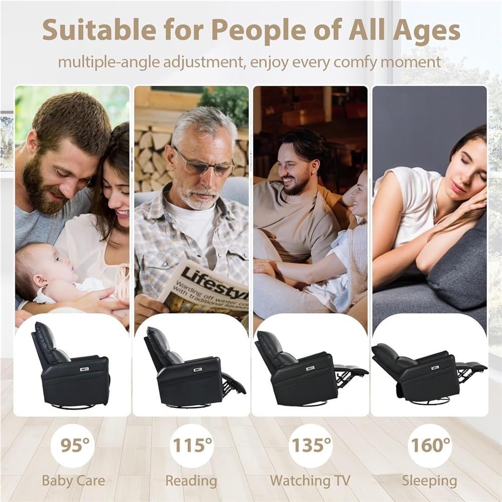 Black Power Swivel Rocker Recliner Chair with Charging Port, Leather Electric Recliner Chair, Comfortable Glider Recliner for Nursery, Home Theater Reclining Chair for Adults