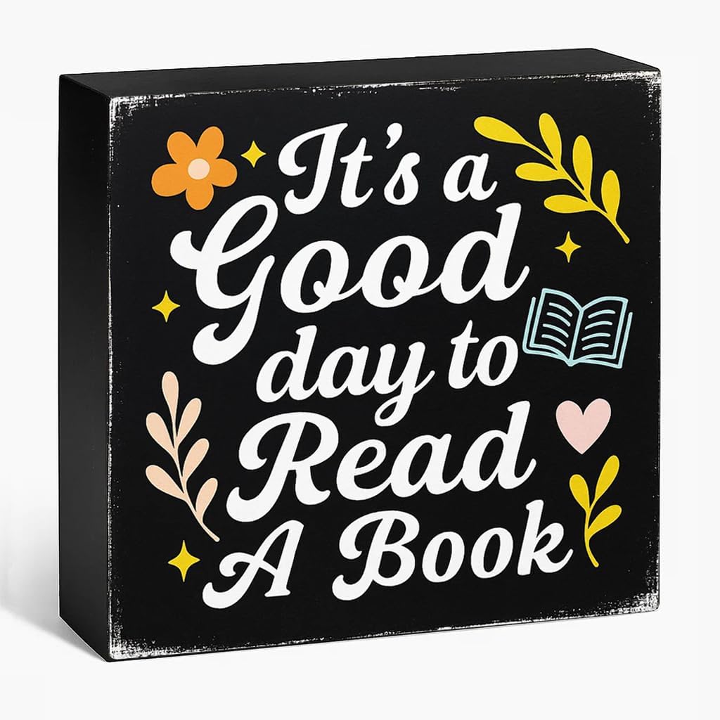 It's A Good Day to Read A Book Wood Box Sign, Floral Trendy Reading Wall Decor Gifts for Women Kids Book Lovers School Library Reading Nook Corner Home Dorm, 5x5 Inch(Black)