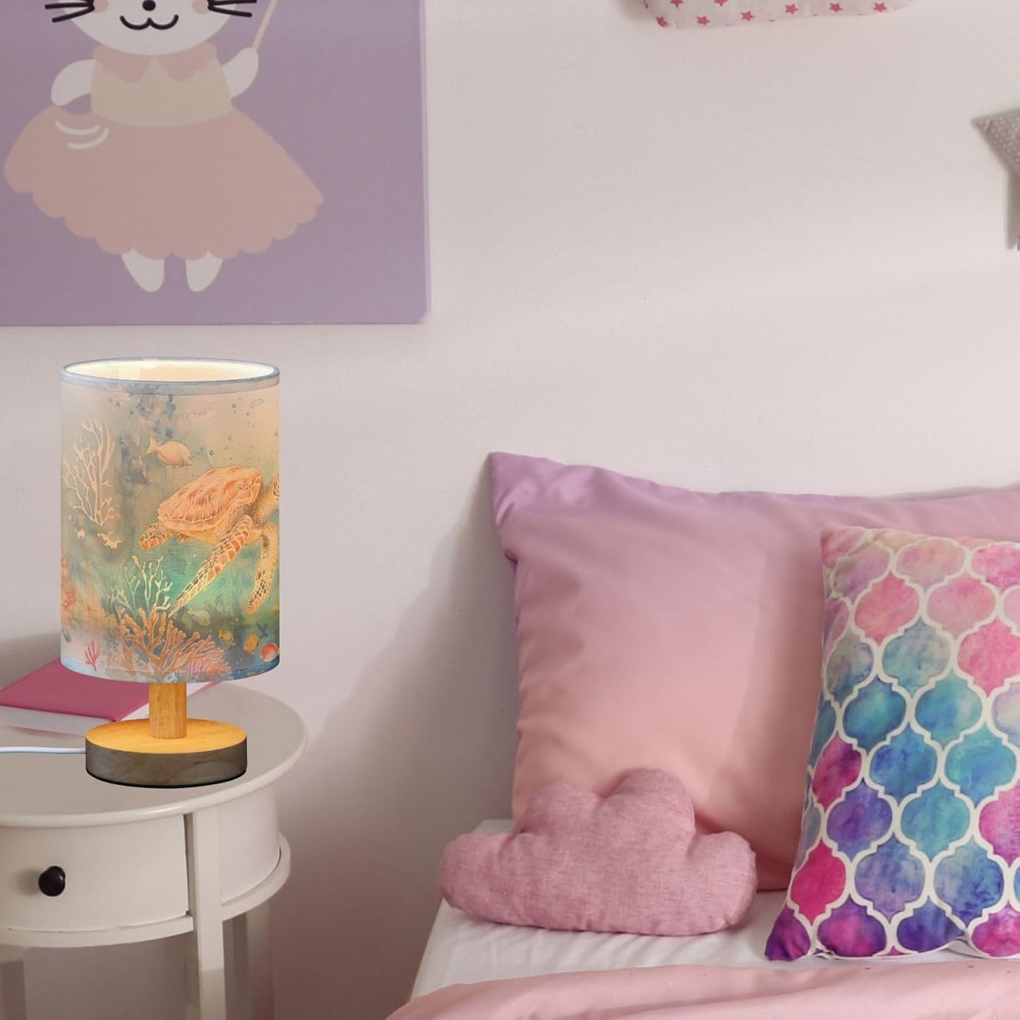Sea Turtle in Ocean Marine Life Table Lamp for Bedroom USB Port Lamps Small Accent Table Lamp Nightstand Lamp Study Linen Shade with Wooden Base, Decorative Lamps for Bedside Reading|Kids|Dorm|Home
