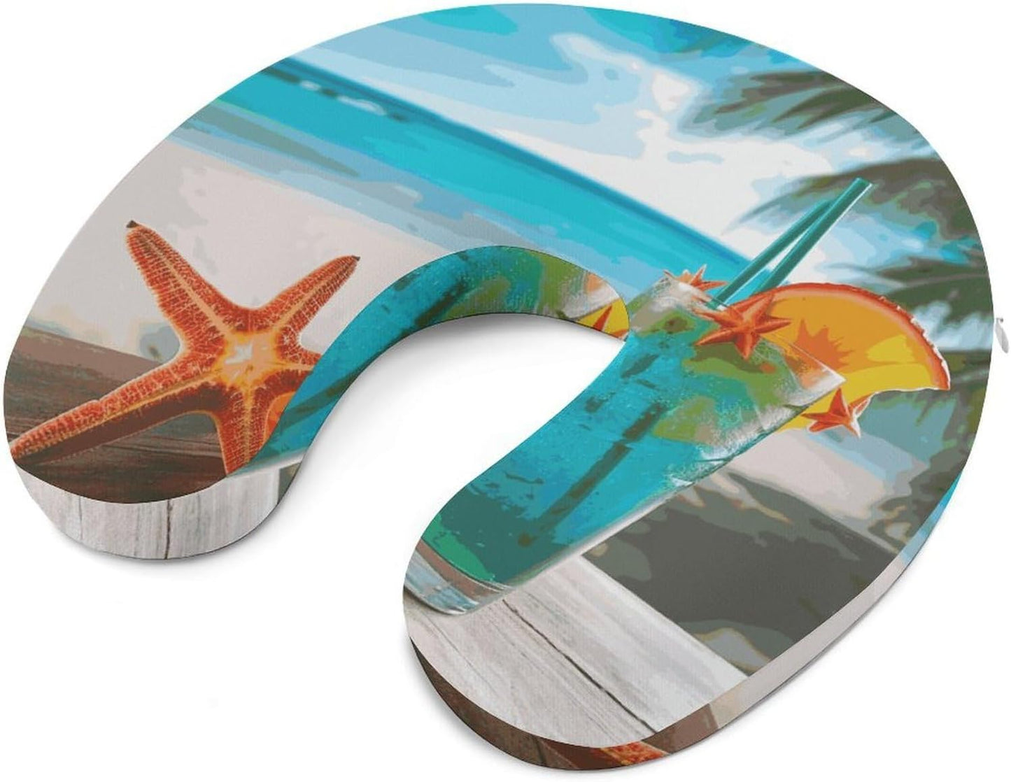 Tropical Cocktail with Starfish Neck Pillow Memory Foam U Shaped Pillows Portable Pillows for Shoulder Travel Head Support Pillow with Concealed Zipper for Airplane Car Home Office