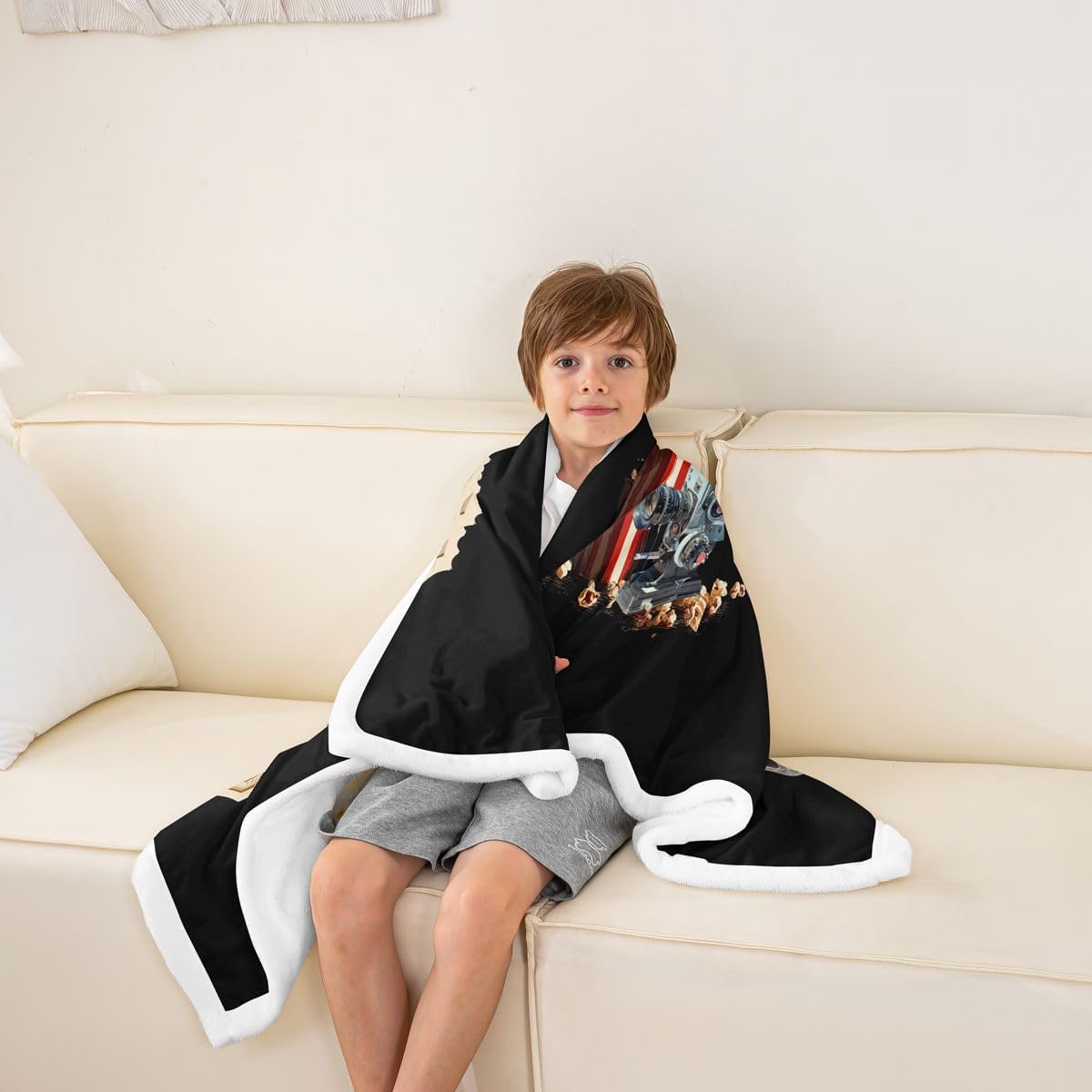 Feelyou Movie Ticket Popcorn Sherpa Throw Blanket for Couch Film Projector Soft Cozy Fleece Vintage Theater Cinema Blanket for Winter, Plush Throw Classic Movie Ticket Pattern Baby 30"x40" All Season
