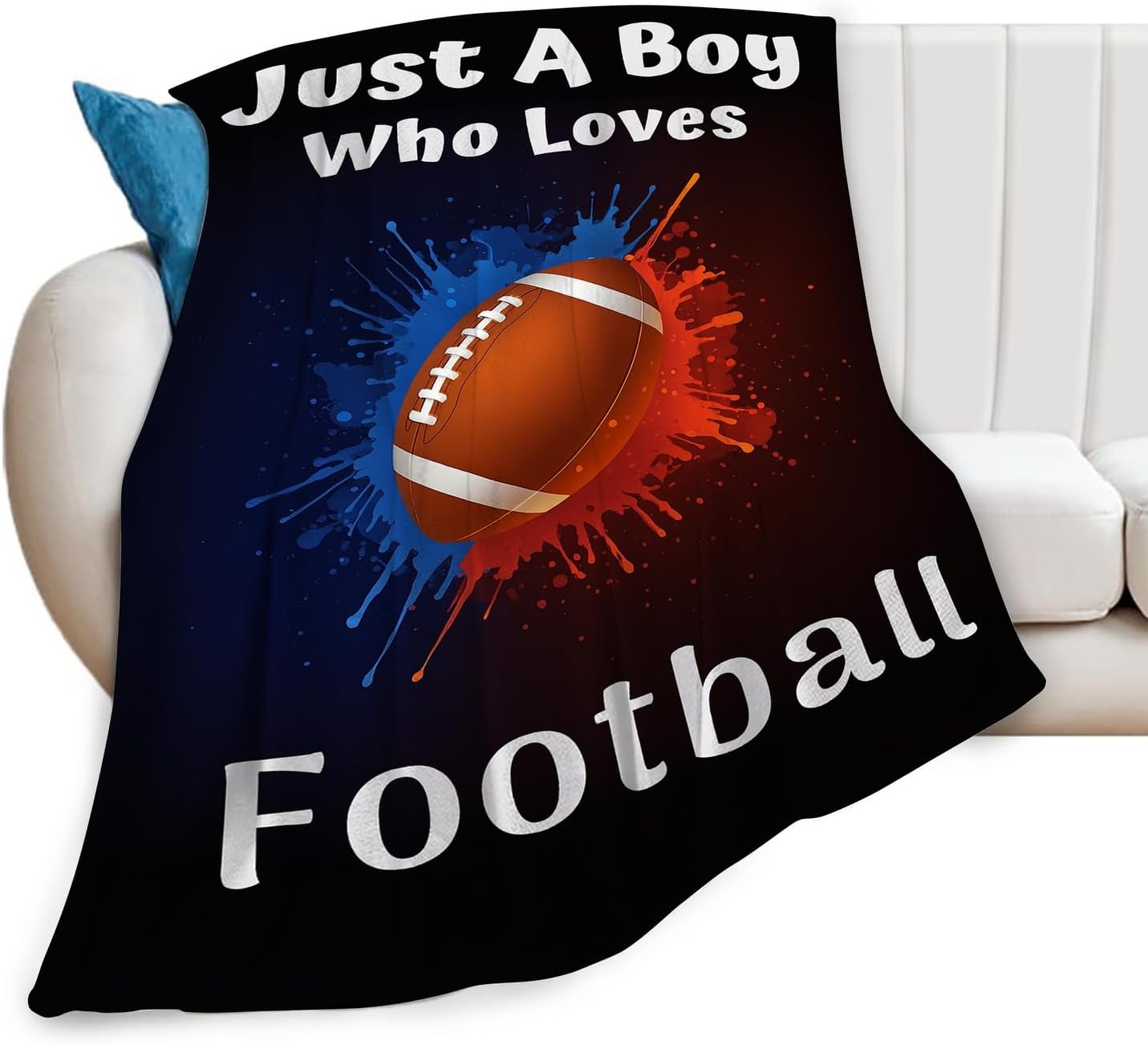 Just A Boy Who Loves Football Blanket Funny American Football Throw Blankets for Boys Kids Soft Warm Sports Ball Throws Flannel Fleece Plush Gifts for Teen Men for Bed Sofa Bedding Decor 50"x40"