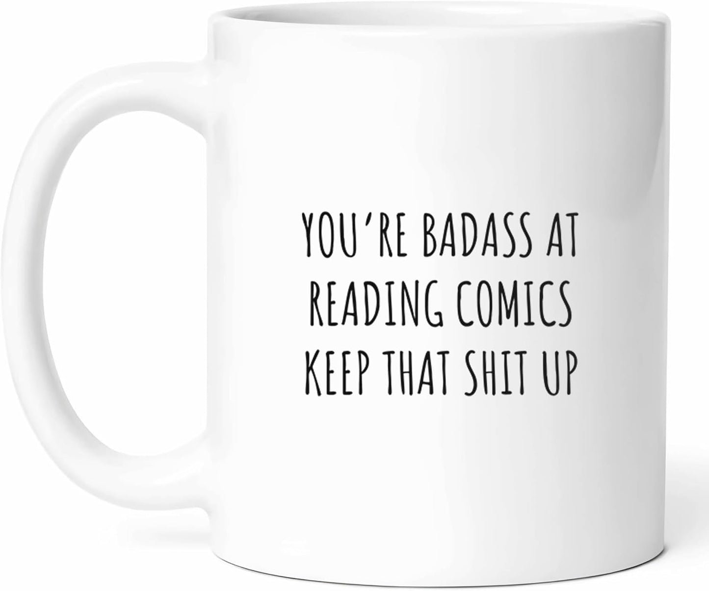 Badass At Reading Comics Mug - Comic Book Fan Coffee Cup - Aficionado Funny Gift From Friends - Graphic Lover Tea Mugs - Culture Cups - 11 Oz Ceramic Gifts For Enthusiasts, Birthday, Him, Her