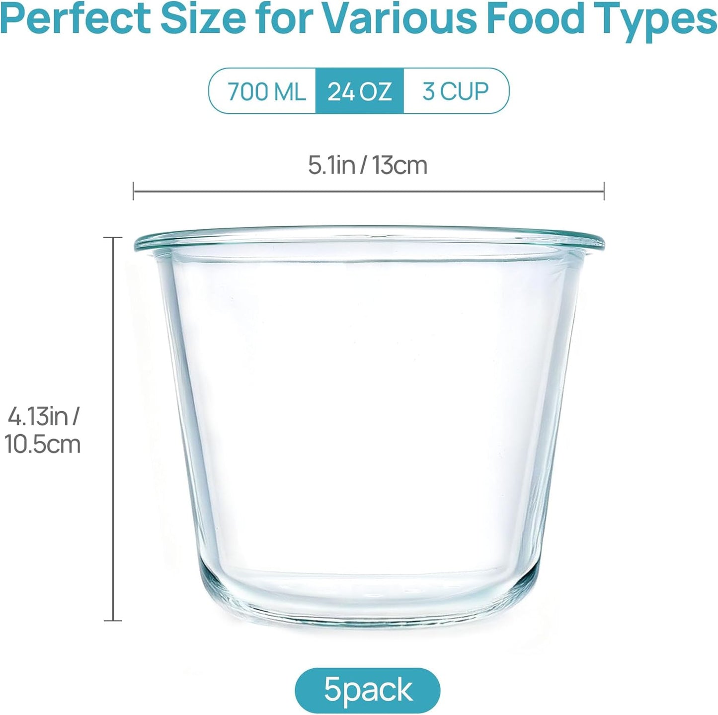 Vtopmart 5Pack 24oz Glass Storage Containers with Lids, Glass Meal Prep Food Container Sets with Snap Airtight Lids for Microwave, Oven, Freezer and Dishwasher, Green, Round