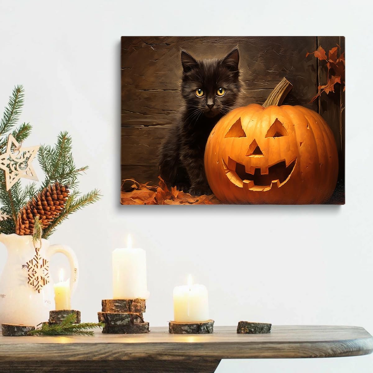 XYHKZNB Cute Black Cat Wall Art with Autumn Pumpkins, Dark Academia Gothic Decor, Farmhouse Black Cat Print, Unique Bathroom Wall Art 12x16inch unframed