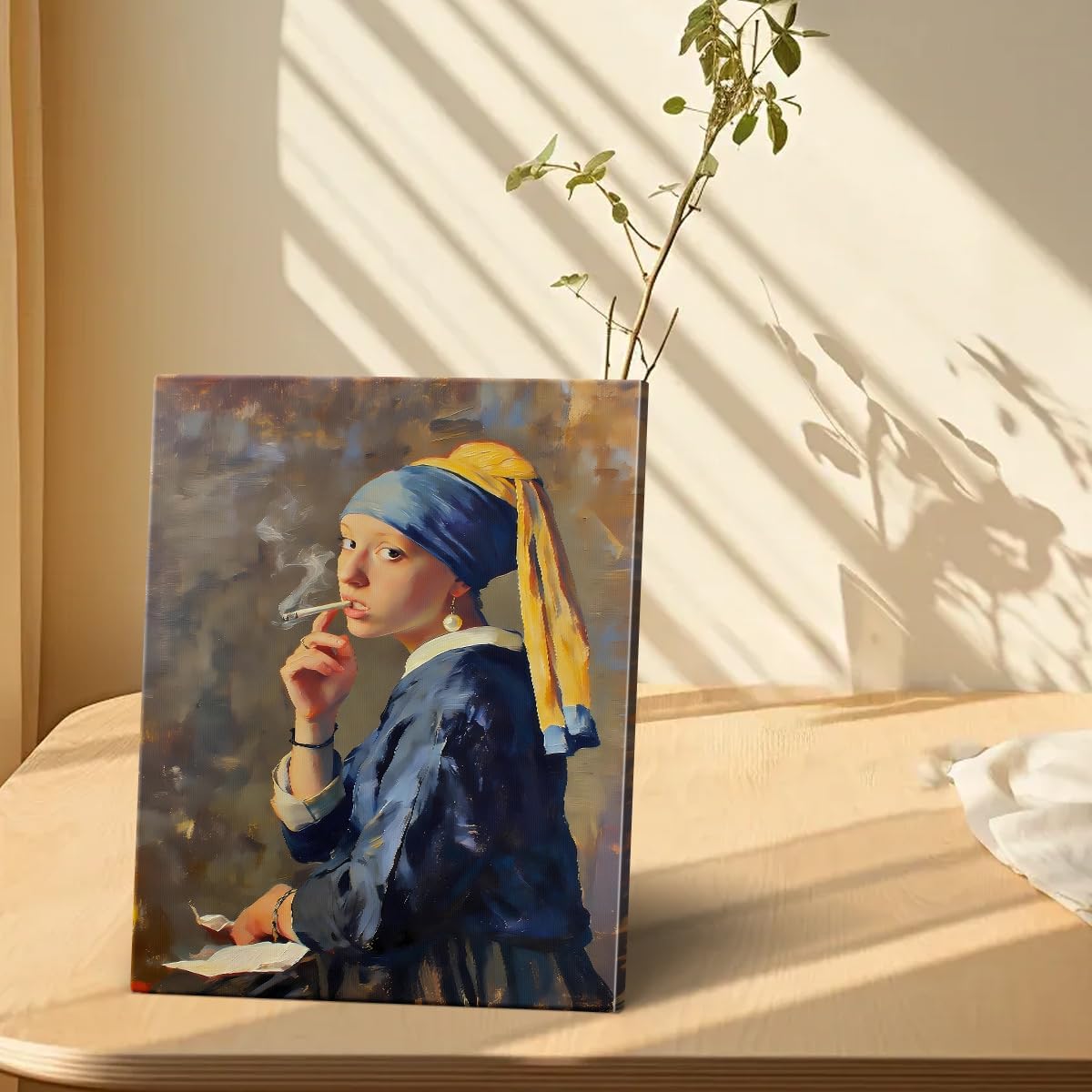 WOXZQ Girl With A Pearl Earring Canvas Wall Art Humorous Smoking Portrait Wall Decor Aesthetic Oil Painting for Bedroom Bathroom Living Room Decor 8x10 Inch