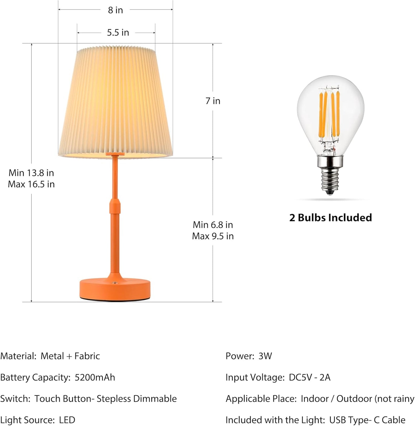 Cordless Table Lamp,5200mAh Rechargeable Table lamp with Stepless Dimming & Adjustable Height,Touch Lamps for nightstand with 2 Bulbs for Bedroom, Dining Table, Kitchen(Orange)