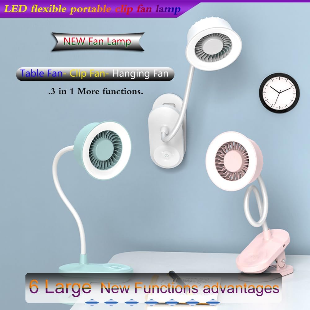 Portable LED lamp 2 in 1 more functions clip on fan,hanging,desktop, 4.5W 3 gears wind speed,2 gears brightness lighting,touch button rechargeable for reading, bed room,camping (light cyan)