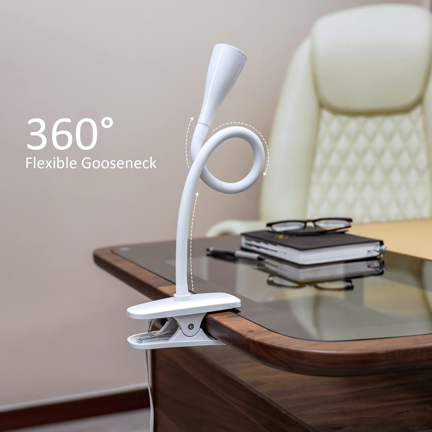 LED Reading Light, Eye-Caring Book Light for Reading in Bed, 360° Flexible Clip on headboard lamp, 5W 3000k Desk Lamp with Clamp for Bedroom, Office, Painting, Workbench and Sewing, White