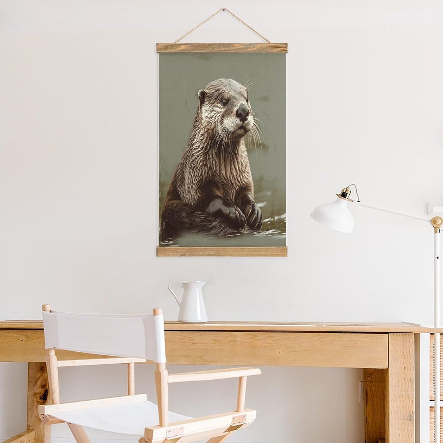 Vintage Otter Animal Poster with Wooden Frame Personalized Linen Hanging Scroll Painting Rustic Wall Hanging Illustrative Modern Artwork Decor for Home Living Room Bedroom Office