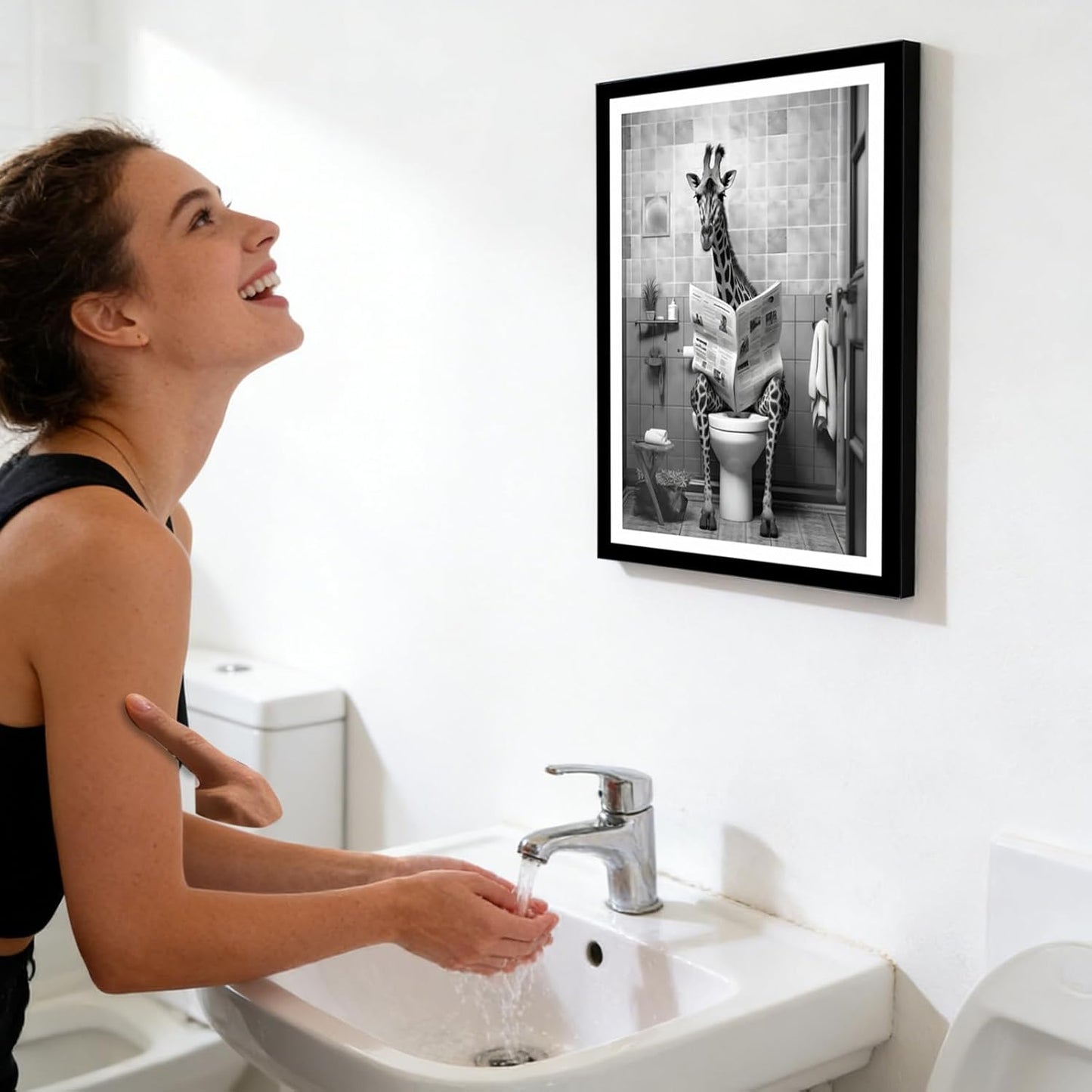 Giraffe Bathroom Decor, Funny Animal Canvas Prints, Humor Poster of Giraffe Reading Newspaper on Toilet for Bathroom, Restroom, Washroom, Hotel, Apartment