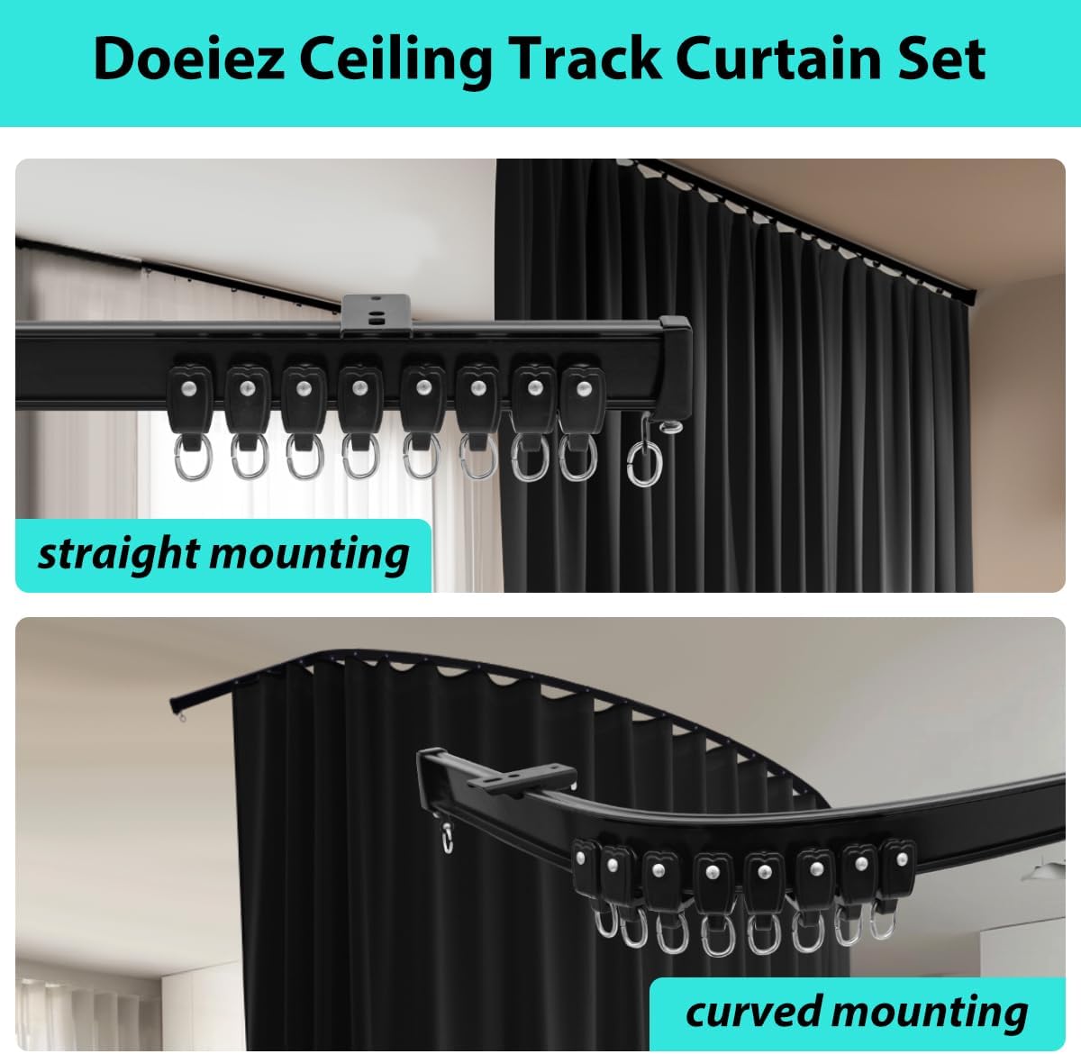 Room Divider Blackout Curtains Flexible Sliding Tracks Sets Ceiling Mounted Rod Window Curtain Privacy Separation for Bedroom Living Rooms,1 Panel Black Drape and Black Track Set-W108xH84 in