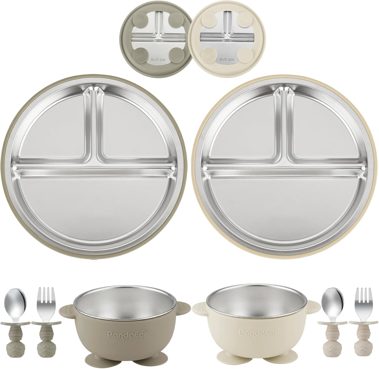 PandaEar 8PCS Baby Feeding Set | Stainless Steel Suction Plates and Bowls with Silicone Fork and Spoon Utensils | Baby Led Weaning Tableware for Toddlers & Kids (Tan & Walnut)