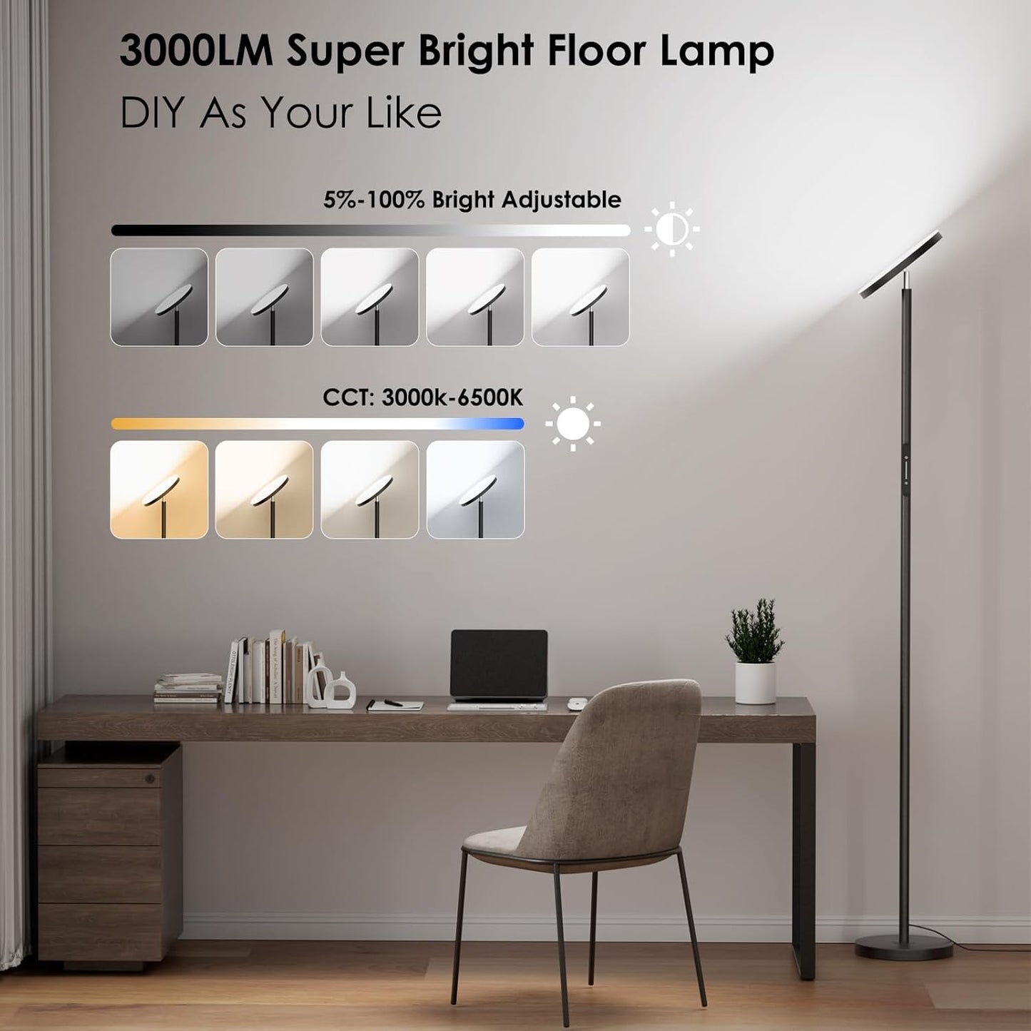 Upgraded Floor Lamps for Living Room, 32W 3000LM Super Bright LED Torchiere Floor Lamp with Remote & Touch Control, 69" Dimmable Tall Standing Lamp with 350°Rotating Head for Reading Office Bedroom