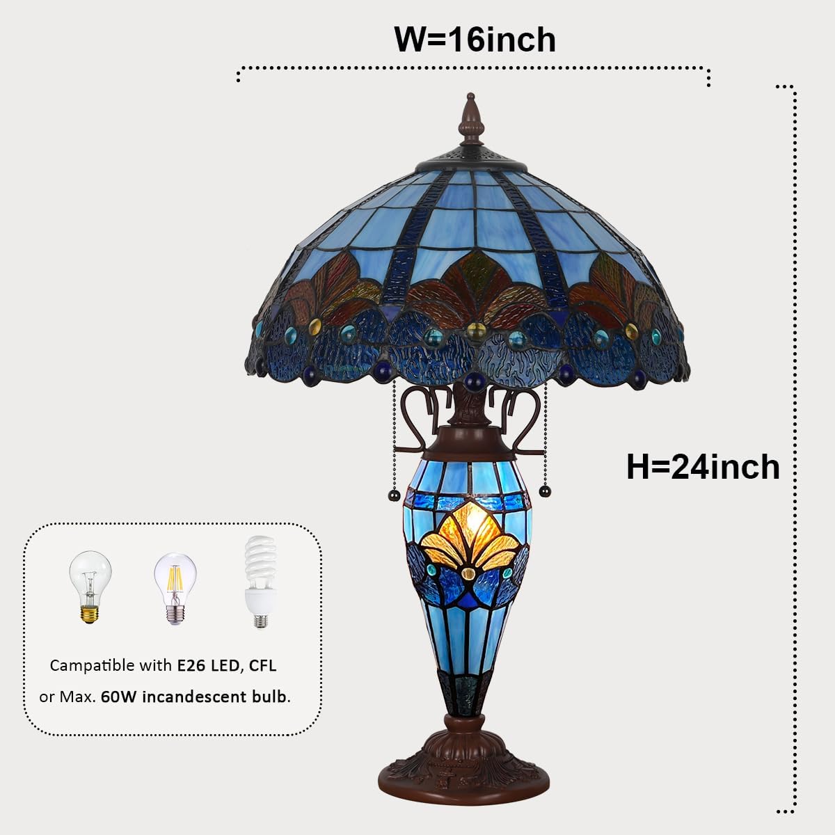 Tiffany Table lamp with nightlight,Blue Stained Glass Desk Light - Antique Style 16” Large 3-Lights Nightstand Bedside Reading Light for Living Room Bedroom Office