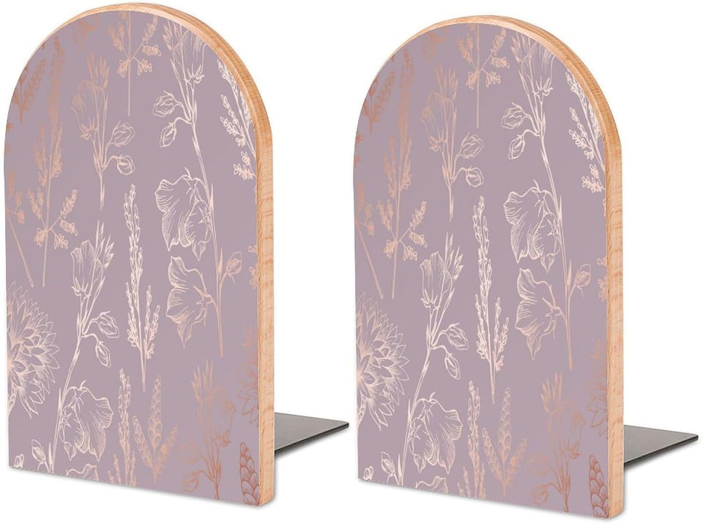 Rose Gold Floral Wooden Bookend Non-Slip Book Ends Heavy Duty Book Stopper with Metal Base Books Holderd Decorative Bookends Stands Firmly for Office Supplies