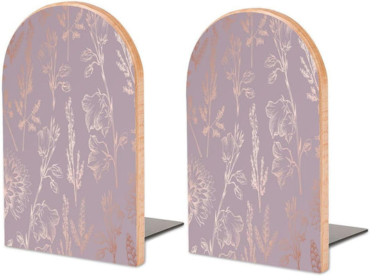 Rose Gold Floral Wooden Bookend Non-Slip Book Ends Heavy Duty Book Stopper with Metal Base Books Holderd Decorative Bookends Stands Firmly for Office Supplies