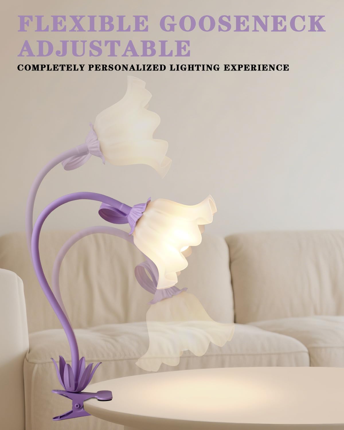 Flower Desk Lamp with Clamp - School Dorm Supplies, 3 Color Modes Flower Eye-Caring Clip on Light, Flexible Neck Reading Lamps for Home College Studying Room Bedside (Purple)