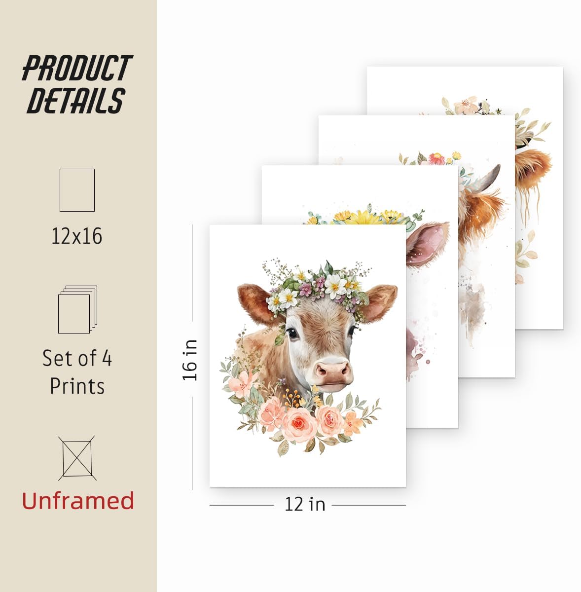 ETVISO Highland Cow Wall Art Prints Set of 4, Cows Pictures Wall Decor for Western & Highland Cow Lovers, Nursery Decor, Baby Shower Decorations 12x16 (Unframed)