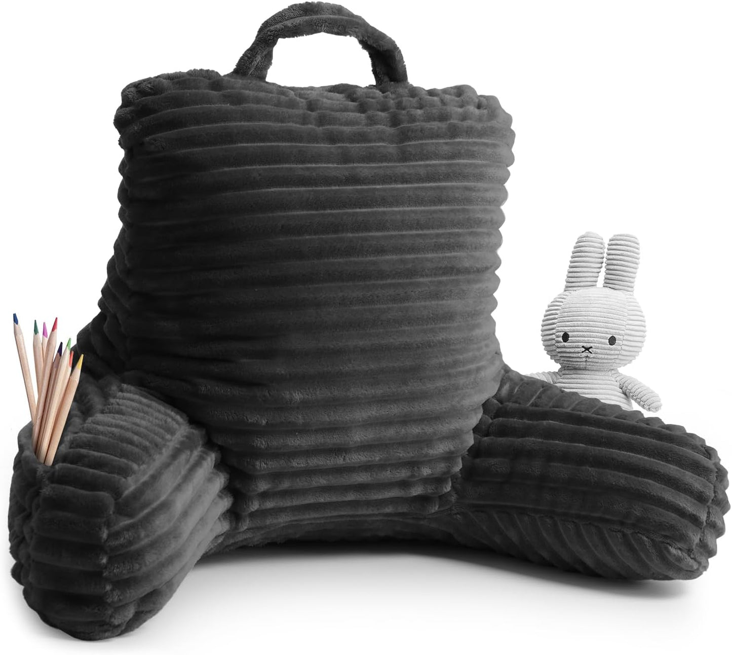 Clara Clark Reading Pillow for Kids – Back Pillow for Sitting in Bed, Plush Bed Pillows for Sitting Up in Bed, Grey Kids Reading Pillow, Shredded Foam Bed Chair Pillow with Arms and Pockets