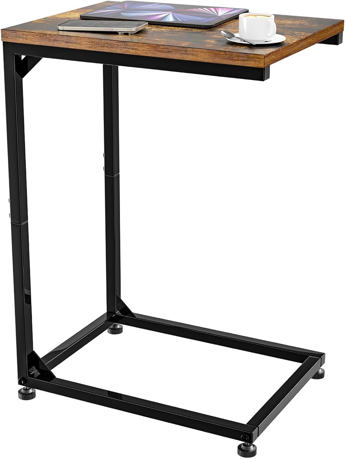 Simple Trending C Shaped End Table for Couch, Small Side Table TV Tray Table with Metal Frame for Living Room, Bedroom, Rustic Brown