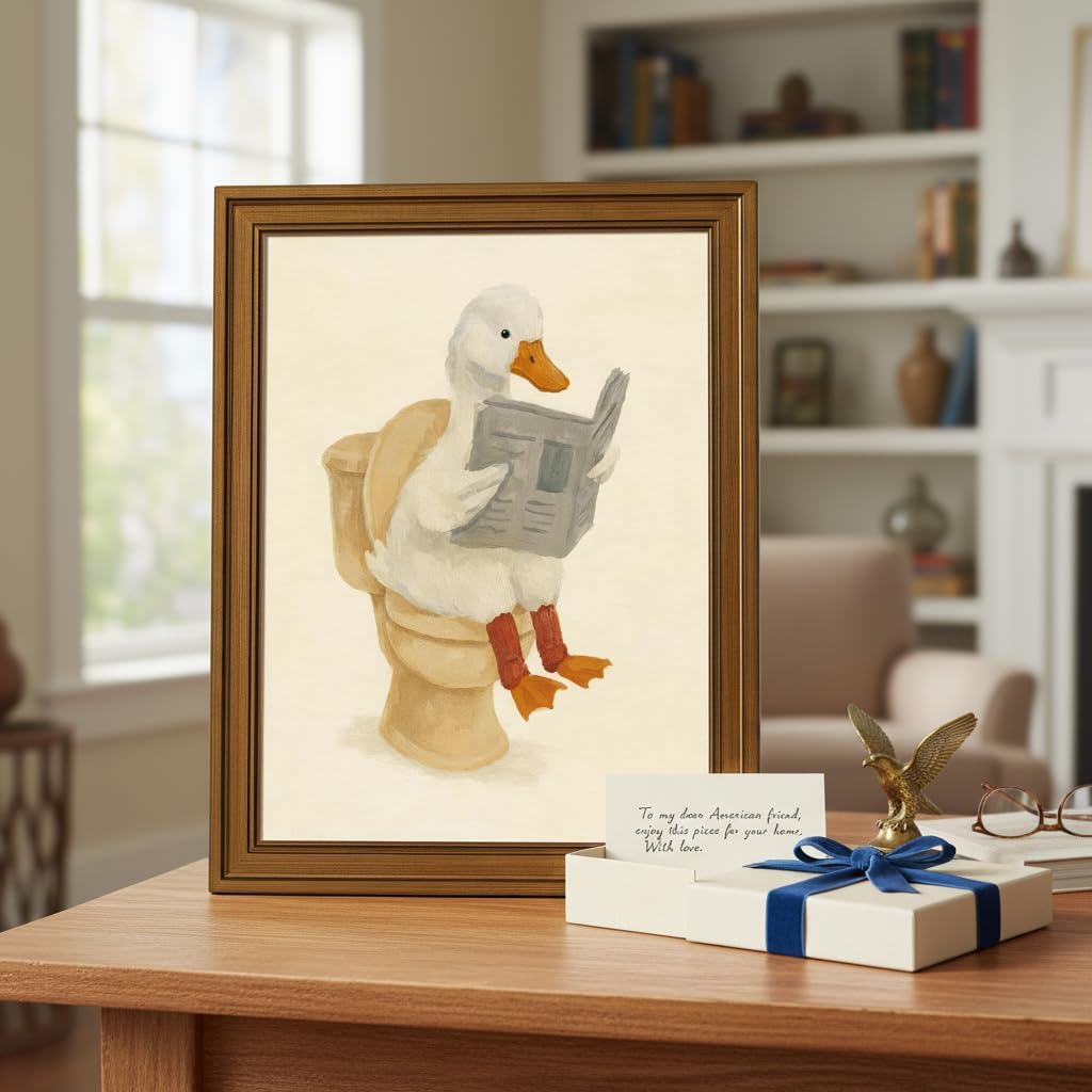Vintage Gold Framed Duck Bathroom Wall Art Funny Duck Reading on Toilet Painting Picture Wall Decor Kids Bathroom Poster Beige Cute Animal Poster Print Artwork for Bathroom Home Decoration