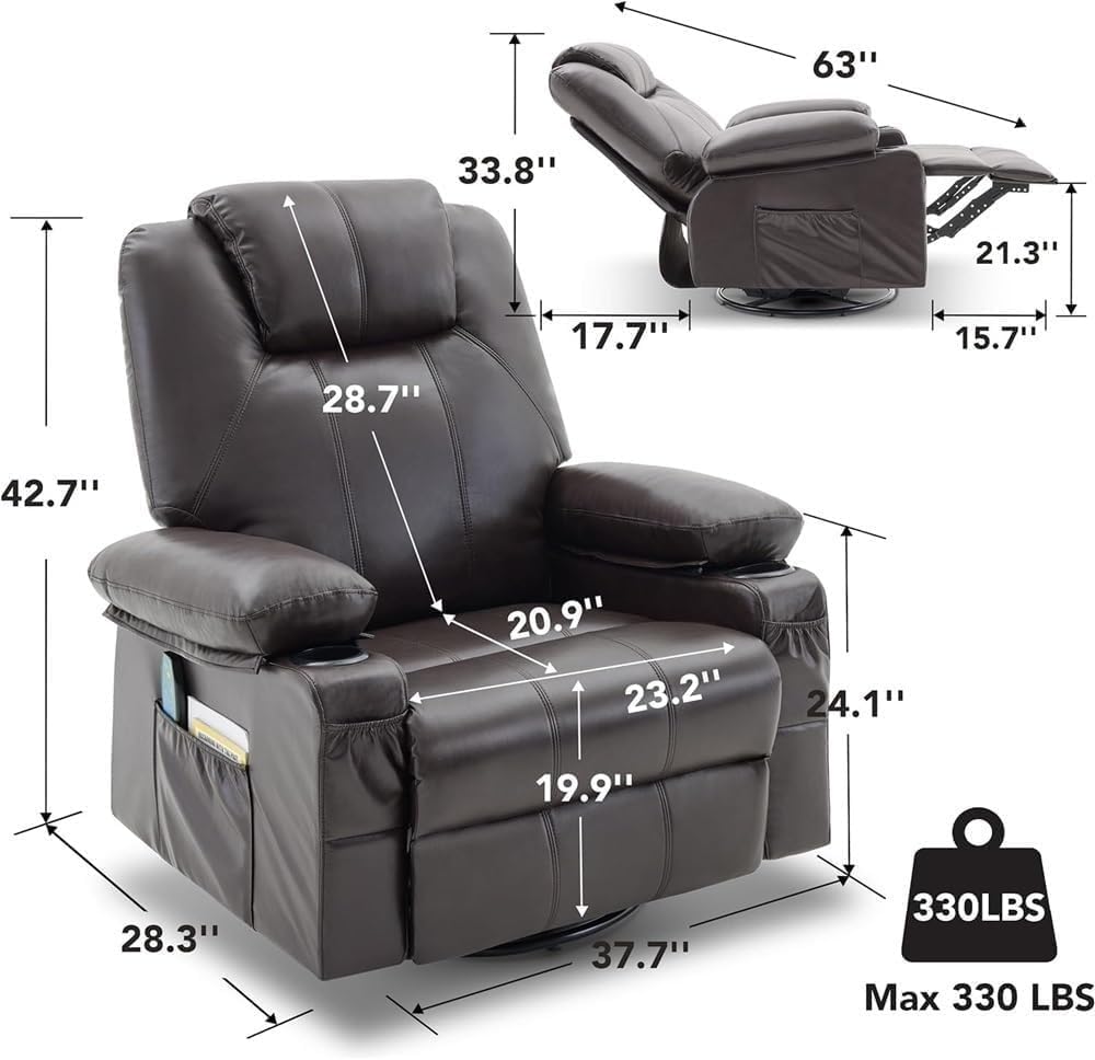 Electric Massage Recliner Chair for Seniors with Heat, Swivel Rocker Lounge Sofa, Ergonomic Comfortable Living Room Reclining Chair with Side Storage Pockets Brown