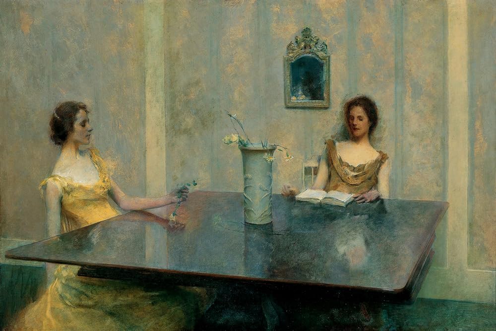 A Reading Two Elegant Young Woman seated at a Table 1897 American Painting By Thomas Dewing 7"X10" Image Size on CANVAS Fine Art Print Poster Shipped Rolled-up