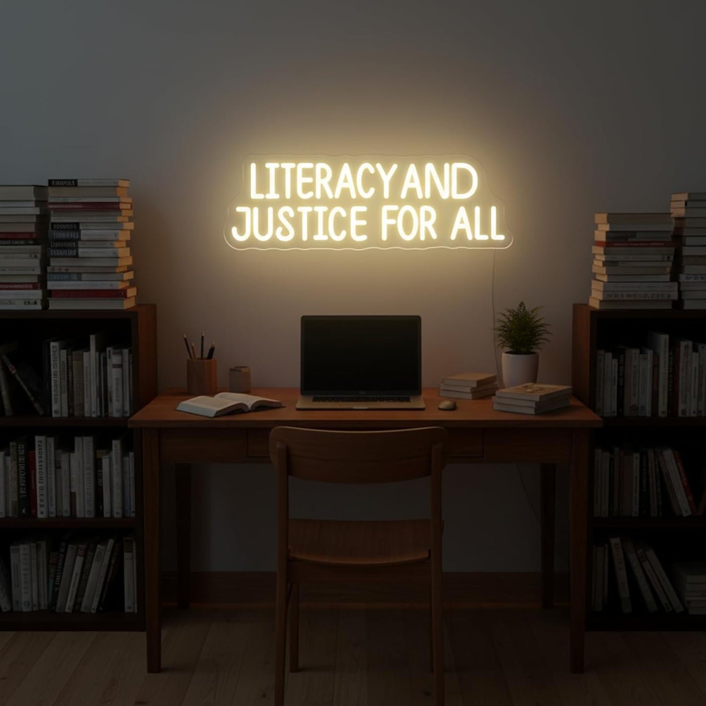 Literacy and Justice For All Neon Sign – Book Lover LED Wall Light, Reading Corner Decor, Bookshelf Display Light, Library Wall Hanging Sign, Inspirational Teacher or Student Gift 17〞× 5.3〞