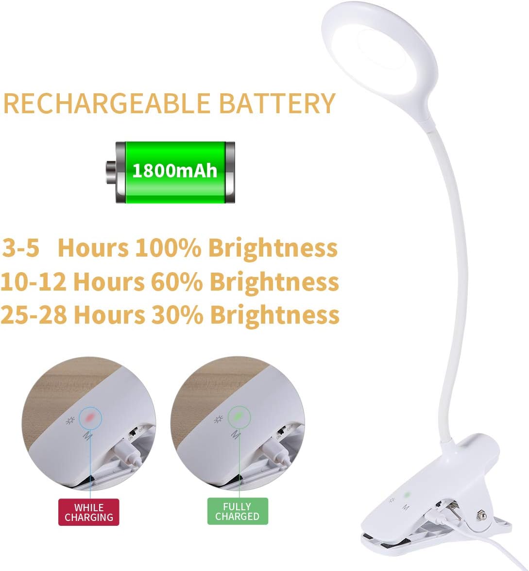 Reading Light, 28 LEDs Rechargeable Clip on Lamp, 3 Color x 3 Brightness Clip On Light for Bed Headboard with Safety Switch, Eye Protection Book Light for Reading in Bed, Touch Control Table Desk Lamp