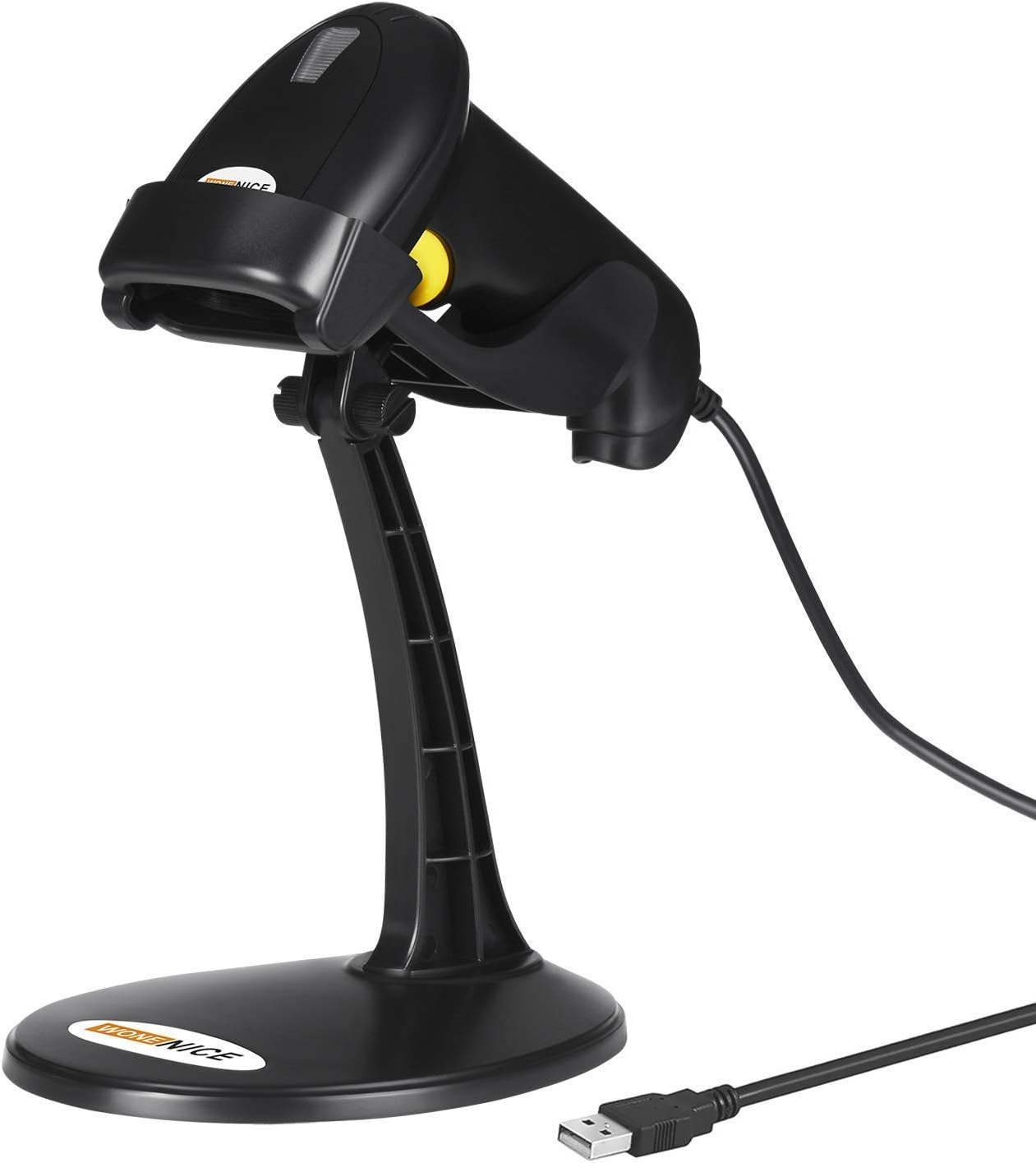 WoneNice Barcode Scanner USB 1D Laser Wired Handheld Bar Code Scanner Reader with Stand, Black