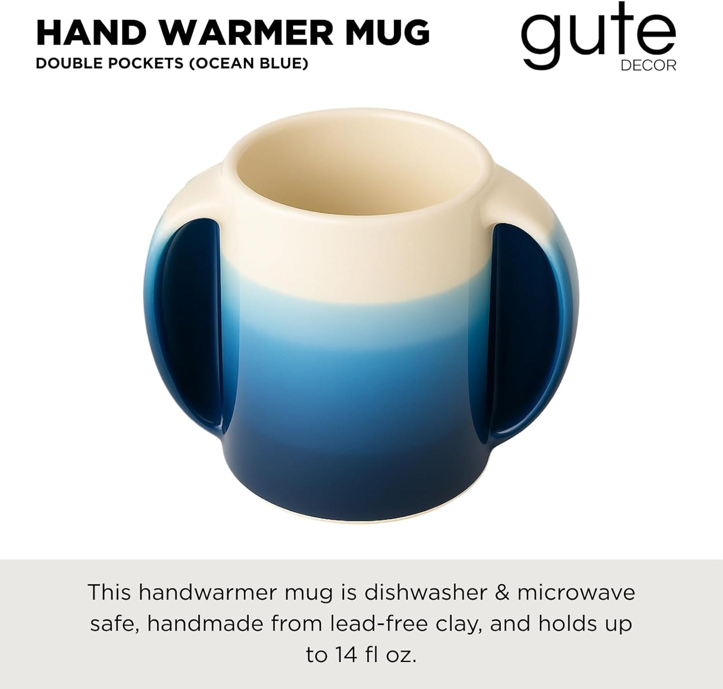 Double Hand Warmer Mug , Handmade Pottery - HandWarmer Contoured Pockets Both Hands will Hold Warmth From The Heat Of Your Drink To Keep Your Fingers Warm, Comfy Blue - Winter Stocking Stuffer Gift