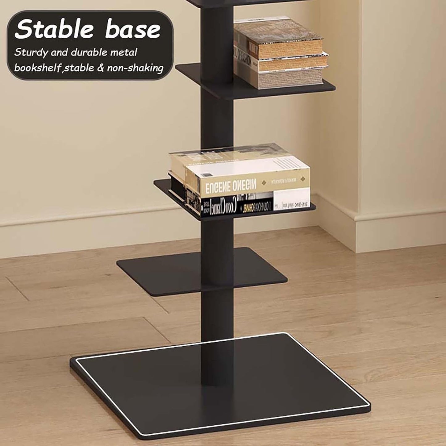 Modern Metal Spine Bookshelf - 9-Tier Spinning Book Tower, Tall Narrow Bookcase, Vertical Floating Shelf, Rotating Display for Small Spaces, Floor Standing Bookcase Storage Solution