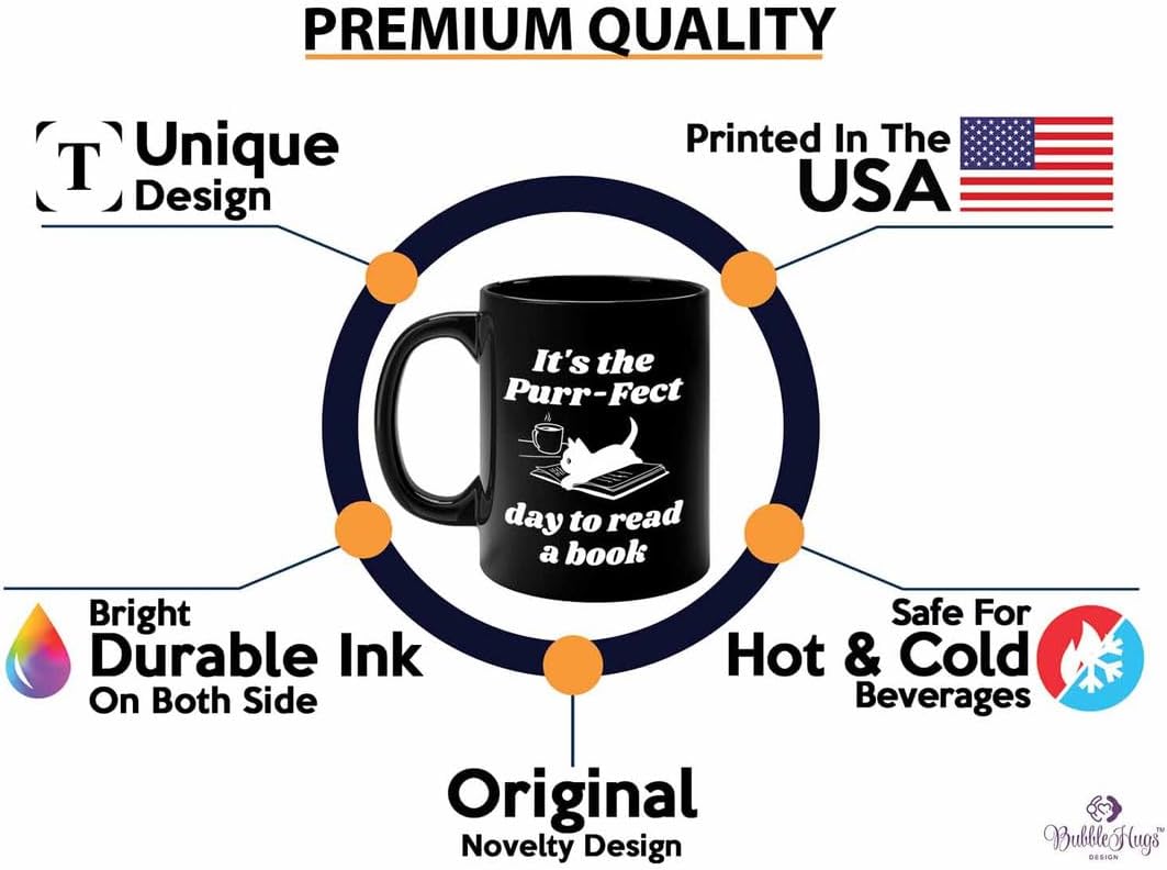 Reading Coffee Mug 11oz Black - Purr-fect Day Read a Book - Reader Gift Bookworm Owl Lover Cat Lover Book Lover Novelist Librarian Writer