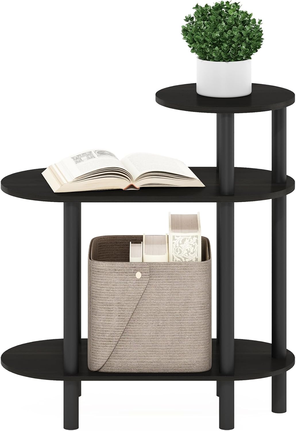 Furinno Turn-N-Tube Side Table, 3-Tier Oval Sofa End Table with Open Shelf, Toolless Assembly Night Stand, Bedside Table, for Living Room, Bedroom, Dark Espresso