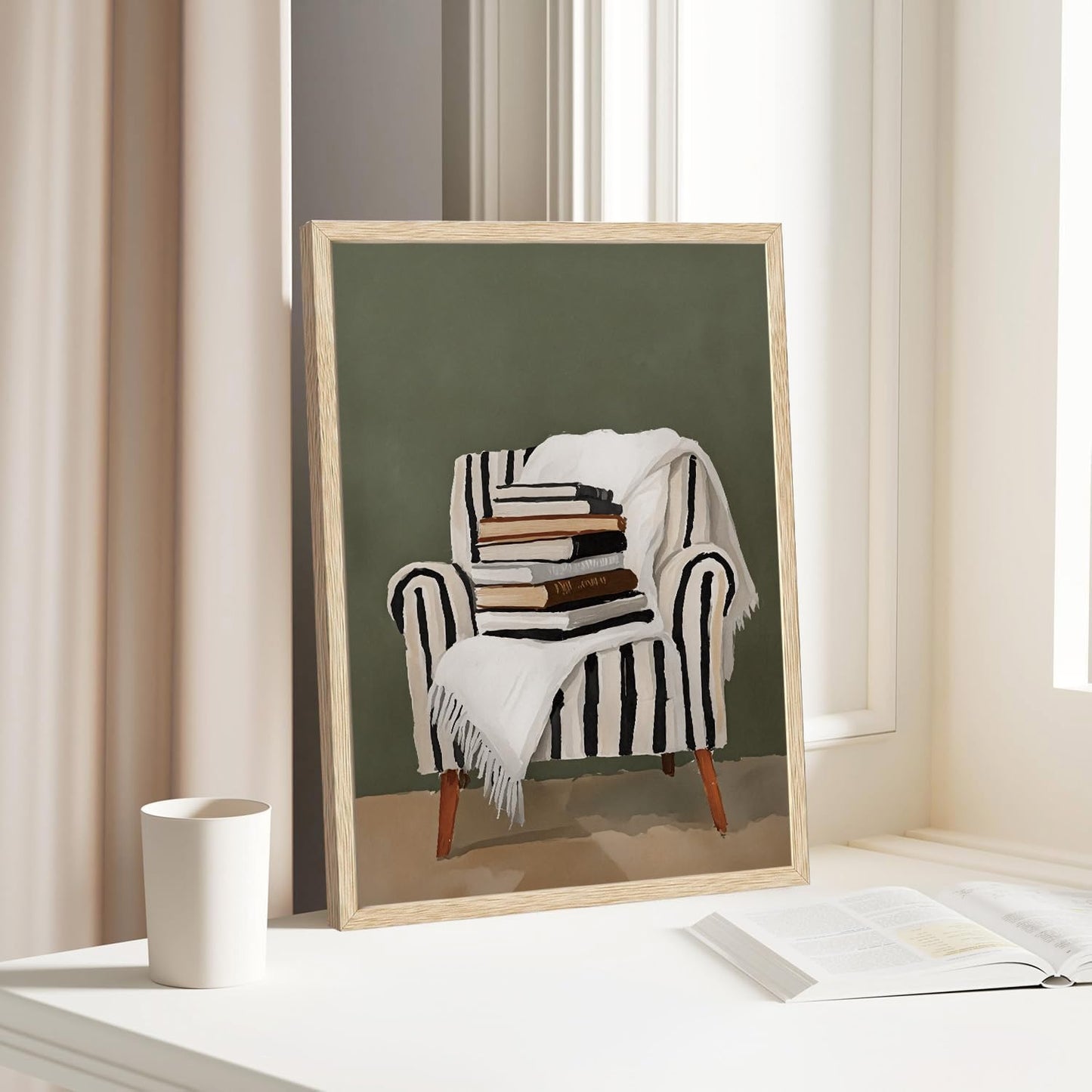 XJYISUO Framed Wall Art Cozy Books Canvas Art Modern Reading Pictures Wall Decor Farmhouse Paintings Neutral Artwork For Living Room Bedroom Study