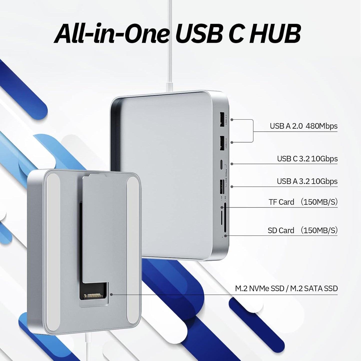 USB C Hub for iMac 24 inch 2021/2023/2024, Minisopuru iMac Hub Support M.2 NVMe SSD, iMac Accessories for iMac M1/M3/M4, iMac Adapter with USB A/C 10Gbps, SD/TF, M.2 SSD (Not Included), Silver