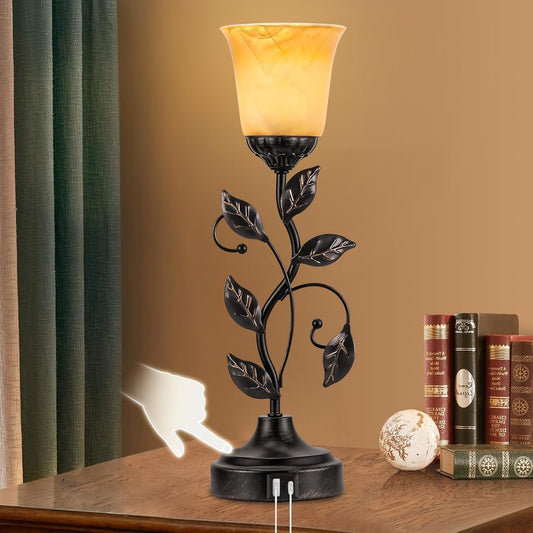 Vintage Bedside Touch Control Table Lamp 3 Way Dimmable, Amber Glass LED Reading Nightstand Light with 2 USB Charging Ports, Farmhouse Bronze Finish Leaf Desk Lamp for Living Room Bedroom