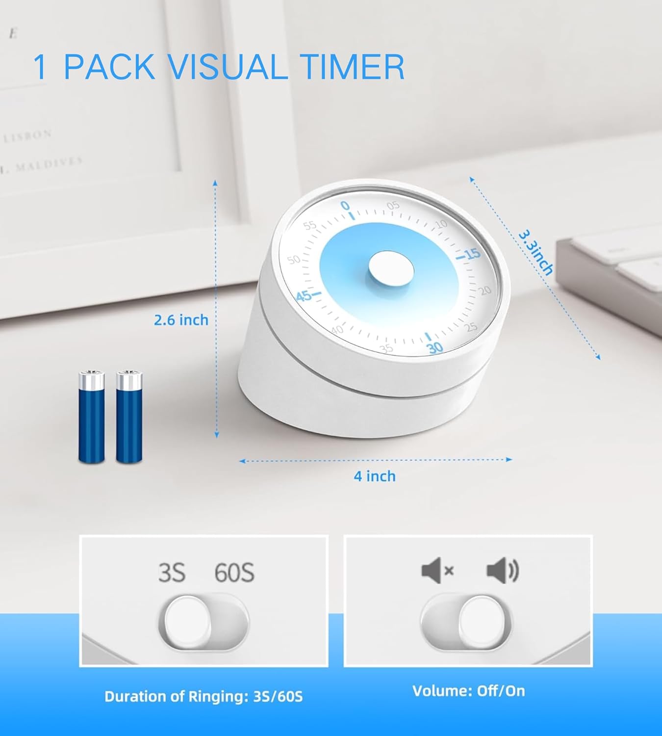 Visual Timer for Adults Teenager - Timers for Classroom Teachers 60 Minutes Countdown Home School Study Tool, Non-Ticking Rotating Timer for Exam Work Kitchen Office Gym, 1 Pack
