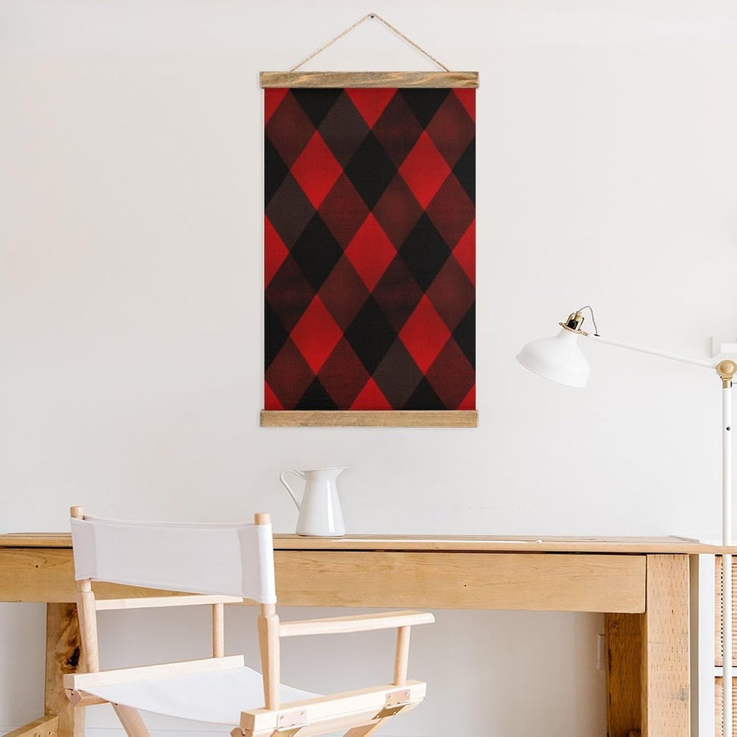 Vintage Plaid Red And Black Poster with Wooden Frame Personalized Linen Hanging Scroll Painting Rustic Wall Hanging Illustrative Modern Artwork Decor for Home Living Room Bedroom Office