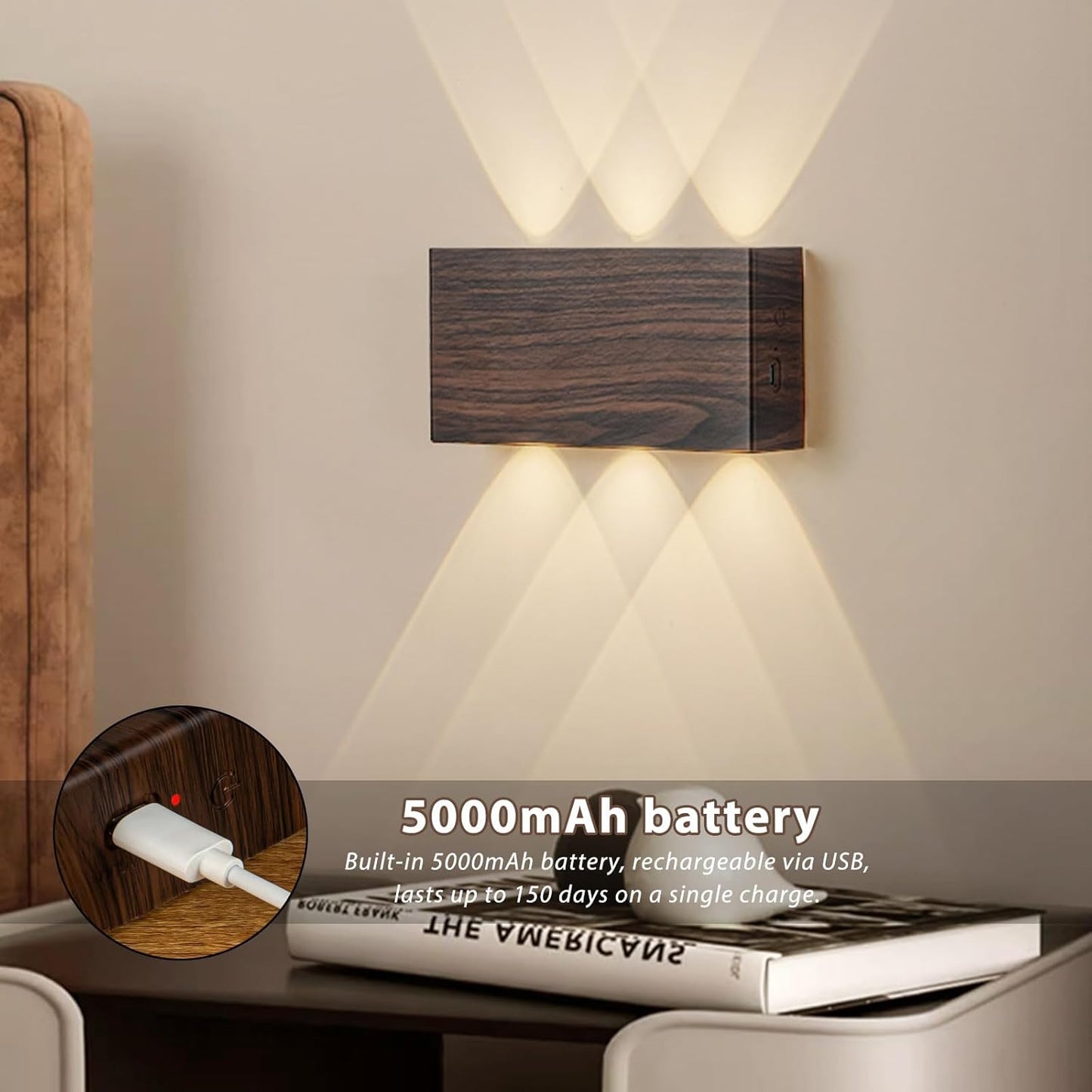 2 Pcs LED Magnetic Wall Sconce Lights,5000mAh Wireless Bedside Wall Light USB Rechargeable Reading Wall Lamp,3 Lighting Colors And Dimmable Battery Operated Wall Sconces (Walnut color, 2 pcs)