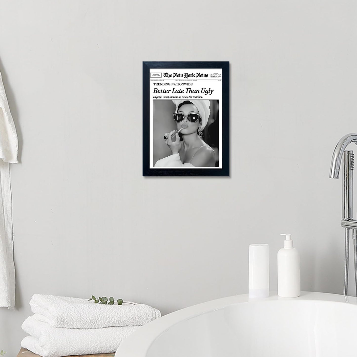 Trends Wall Art New York Poster Audrey Hepburn Wall Art Newspaper Better Late Than Ugly Poster Framed Black and White Retro Aesthetic Canvas Prints Feminist Girl Dorm Room Decor