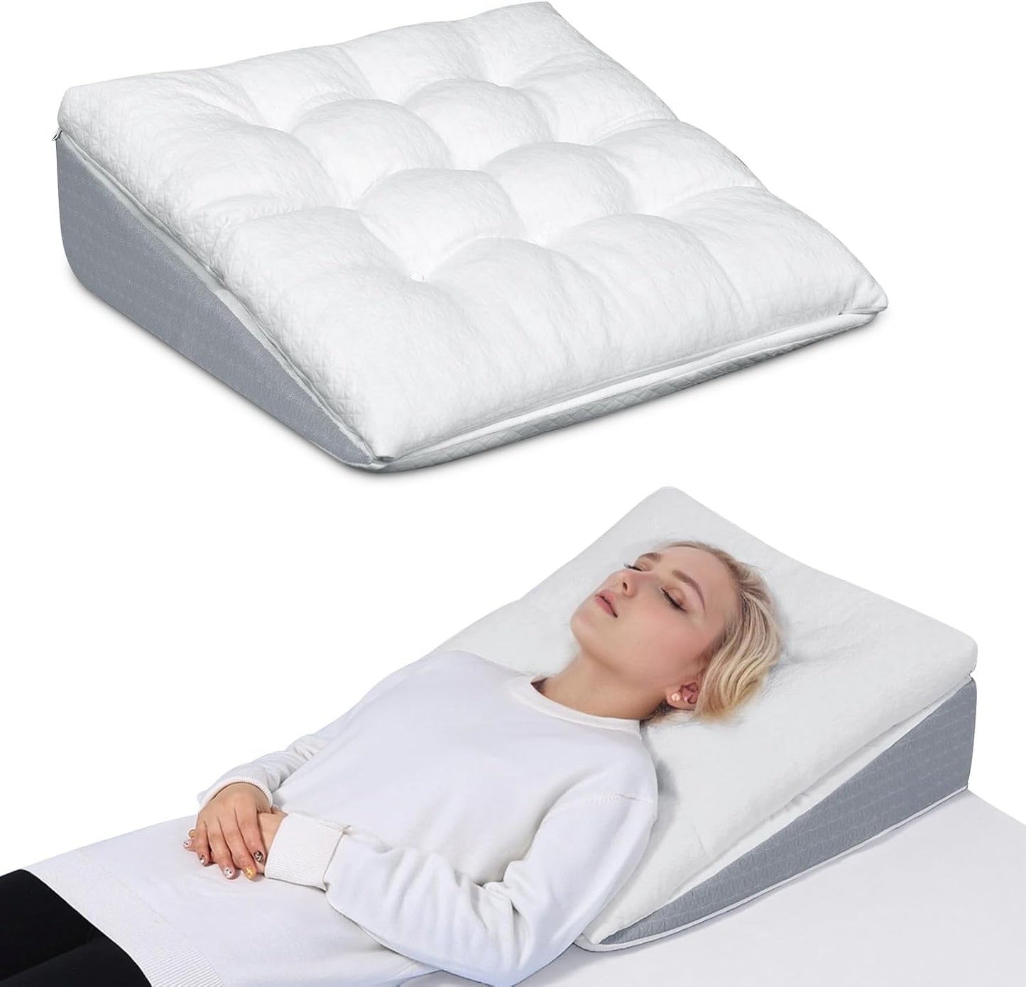 TANYOO Bed Wedge Pillow for Sleep Apnea 7.5Inch Gerd Pillow Patent Dual Layer Triangle Pillow Adjustable Shredded Memory Foam Topper Soft Support Ideal for Acid Reflux, After Surgery, Snoring