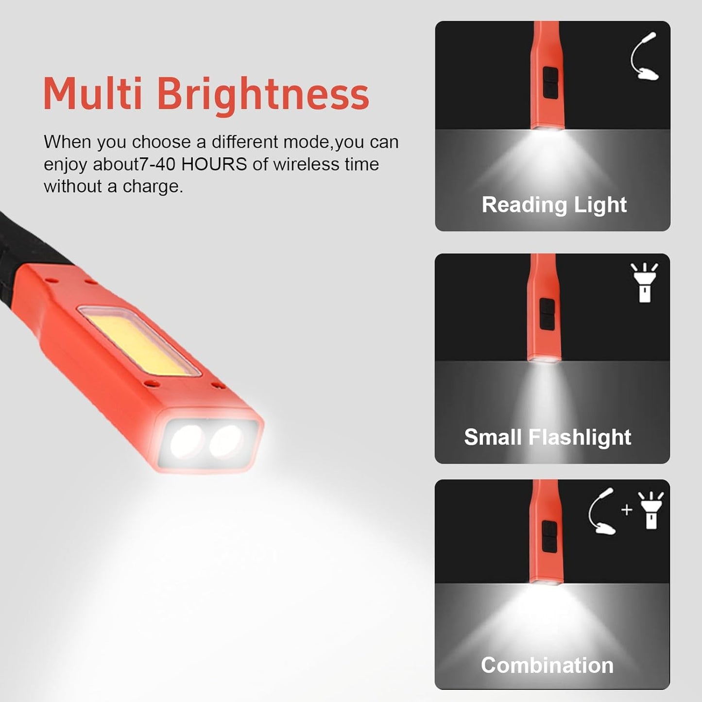 Neck Reading Light Orange LED Brightness Rechargeable 10-80Hrs Bendable Book Lamp for Reading in Bed Knitting Camping Repairing Reading Lovers Gifts