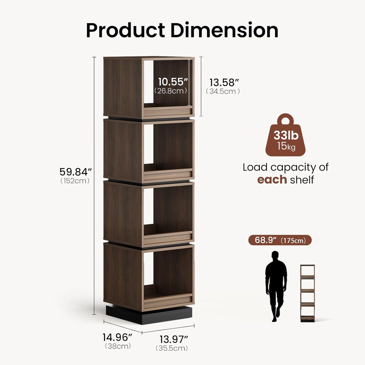 4-Tier Rotating Bookshelf Tower, 360° Spinning Wood Narrow Tall Book Shelf Organizer, Modern Geometric Storage for Sapce Saving, Revolving Bookcase for Living Room, Bedroom, Home Office