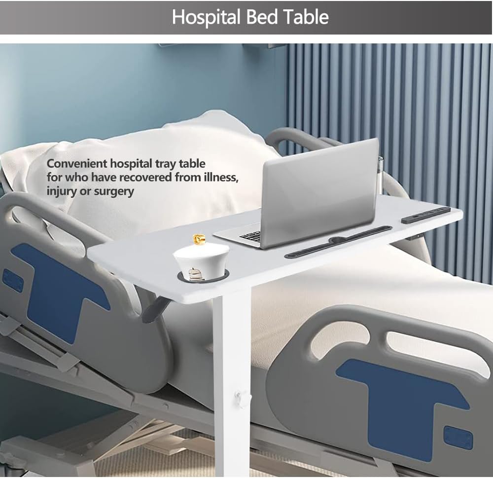 Overbed Table,Hospital Bed Table,Pneumatic Bedside Table Adjustable Over The Bed with Hidden Wheels&USB,Mobile Laptop Cart&Rolling Tray Table Hospital Home Use-White1